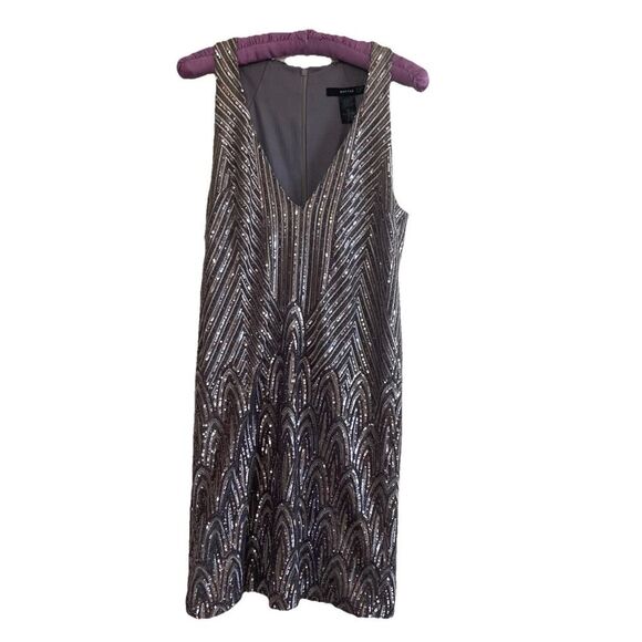 Smythe Deep V Mini Dress Deco Sequin Sleeveless Silver Pewter Size XS - Picture 12 of 13